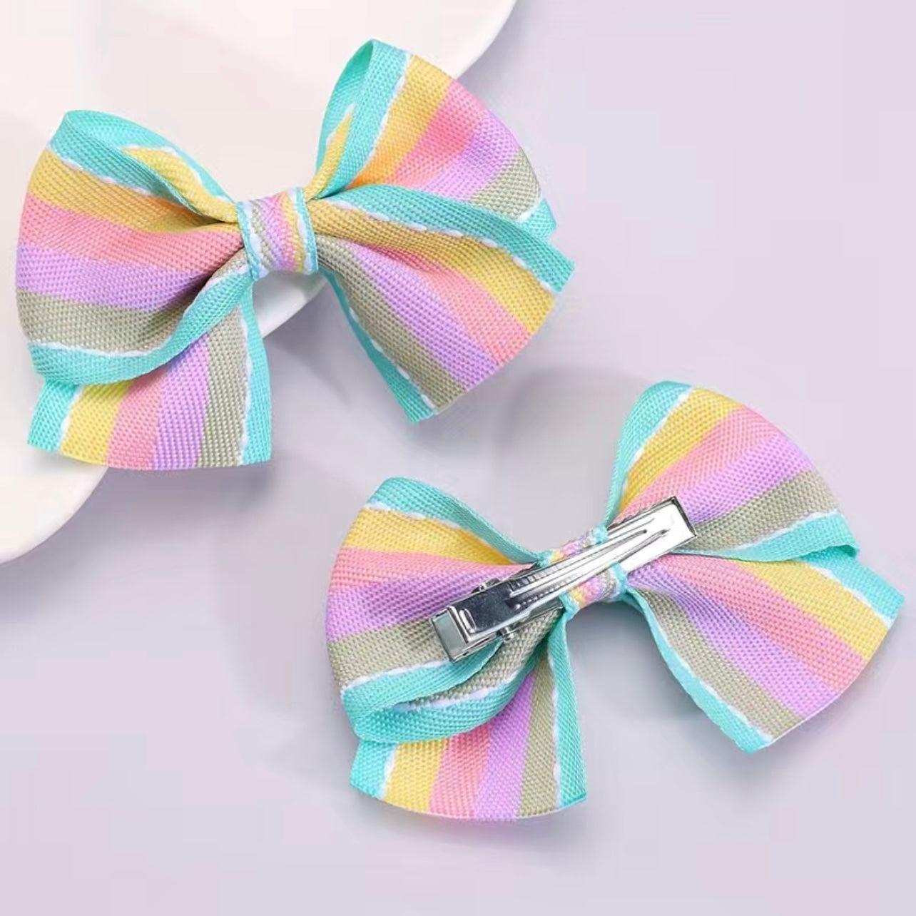 Rainbow Stripe - 2 Pack Bow Clips - Pastel